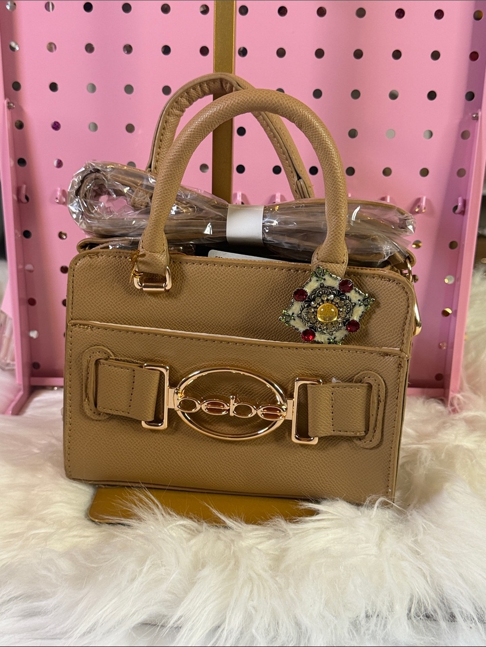 bebe Beige Structured Satchel with Gold Hardware
